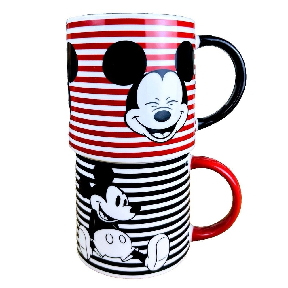 Dusney Mickey Mouse Striped Ceramic Mugs, Set of 2 Graphic Black Red Cups